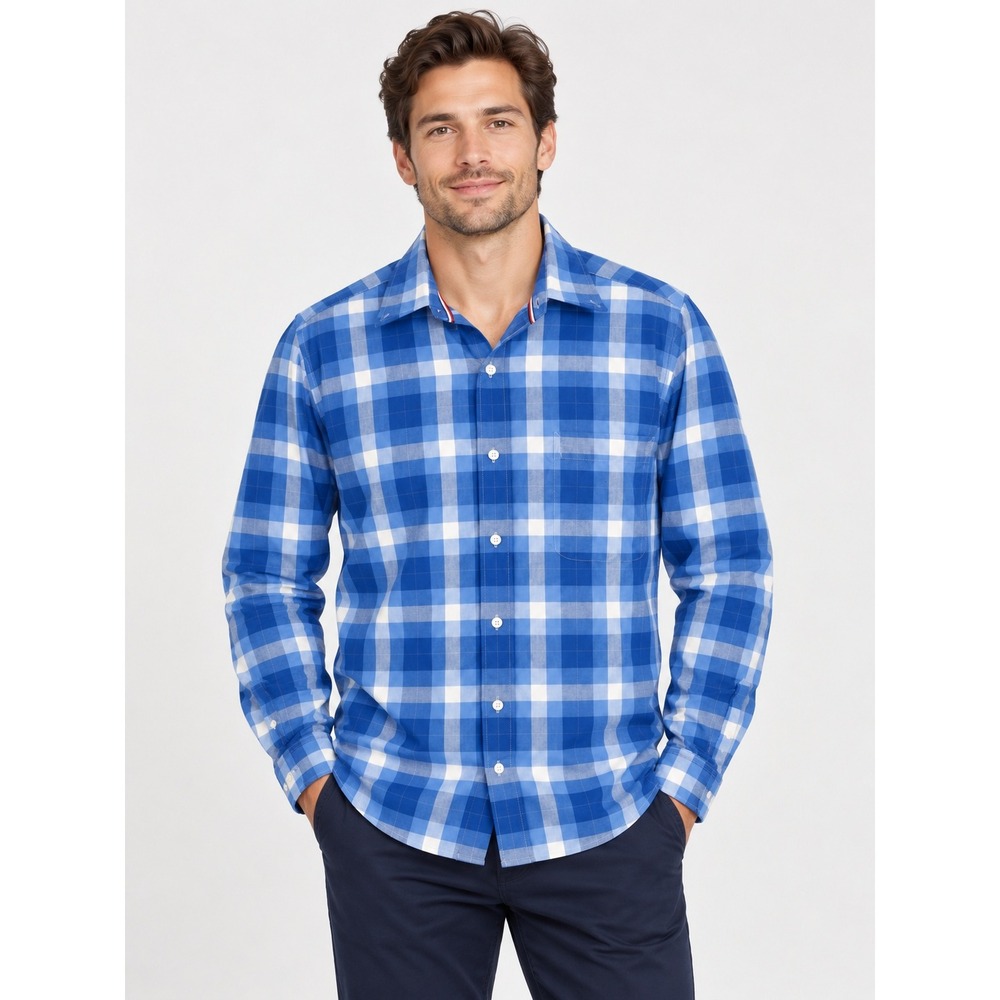 Tommy Hilfiger Mens Large Blue Plaid Non Iron Cotton Shirt